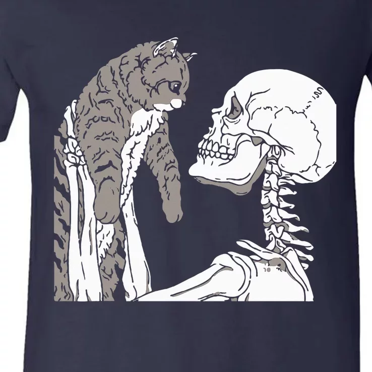 Skeleton Holding A Cat Lazy Halloween Costume Skull V-Neck T-Shirt