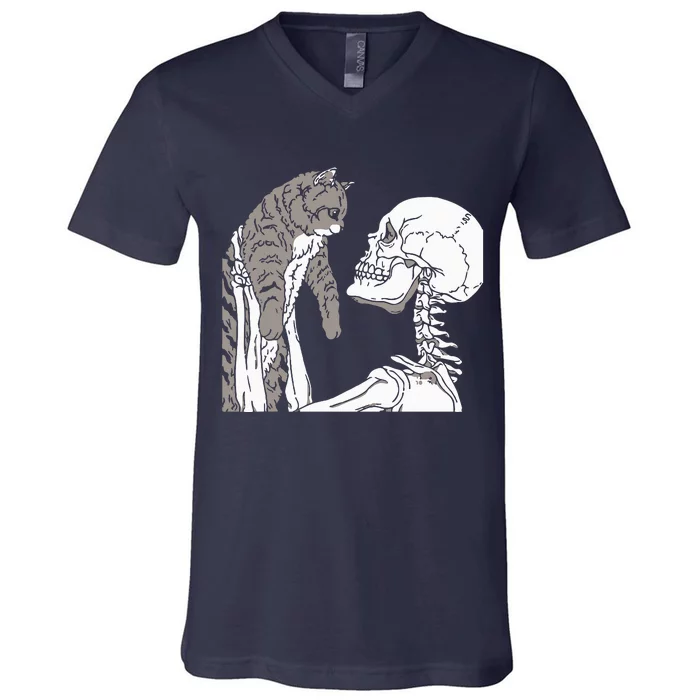 Skeleton Holding A Cat Lazy Halloween Costume Skull V-Neck T-Shirt