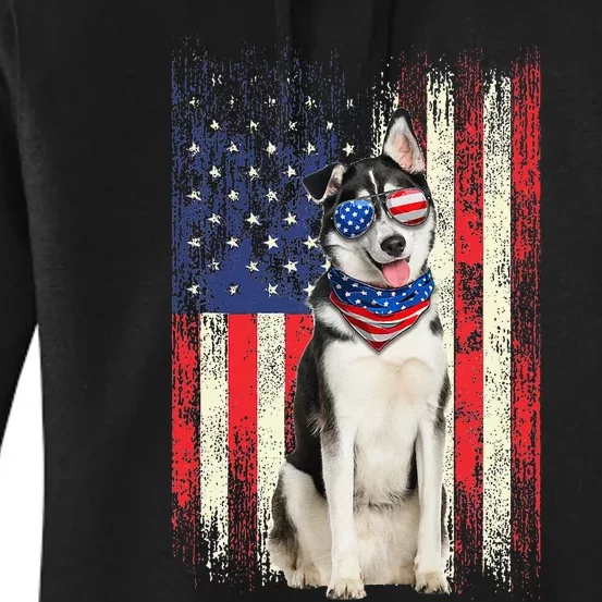 Siberian Husky American Flag 4th Of July Patriotic Dog Lover Women's Pullover Hoodie