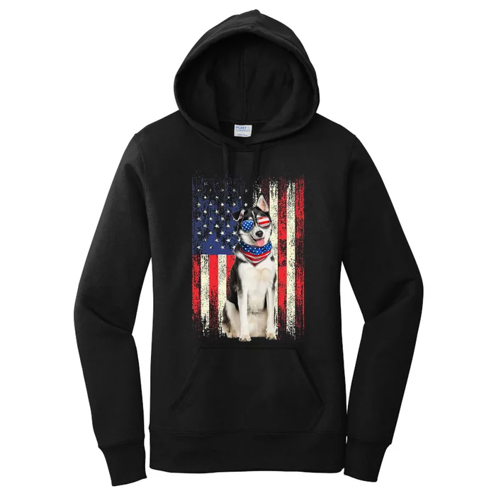 Siberian Husky American Flag 4th Of July Patriotic Dog Lover Women's Pullover Hoodie