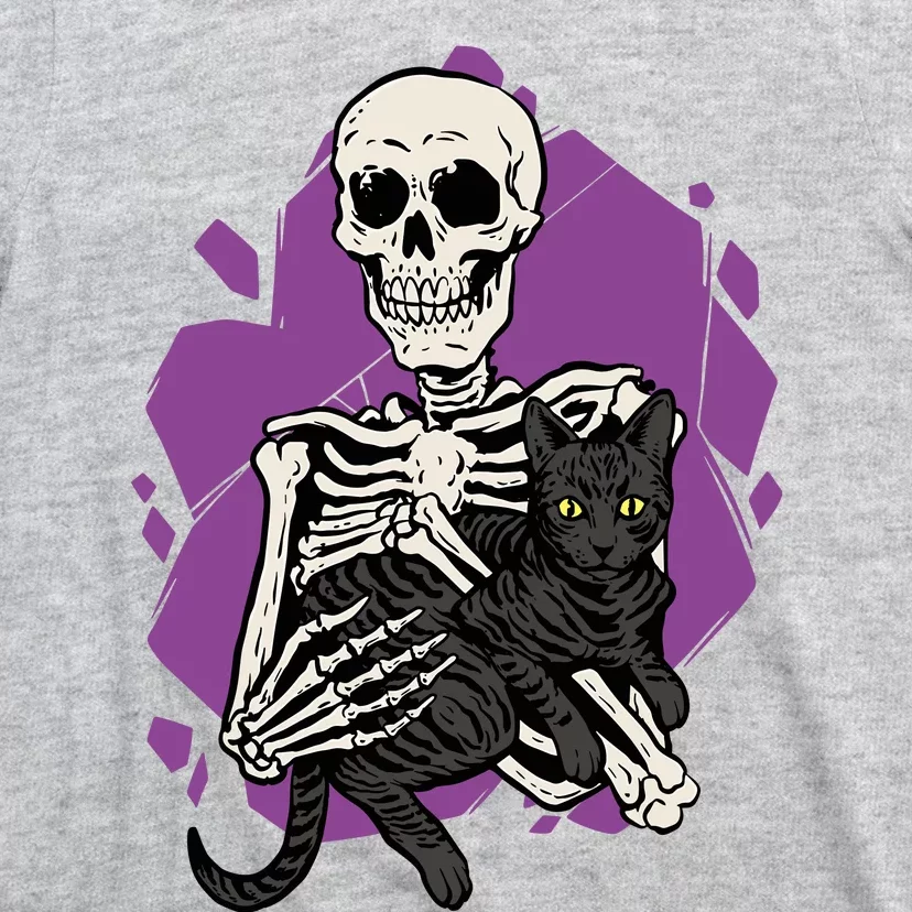 Skeleton Holding A Black Cat Lazy Halloween Costume Skull T-Shirt