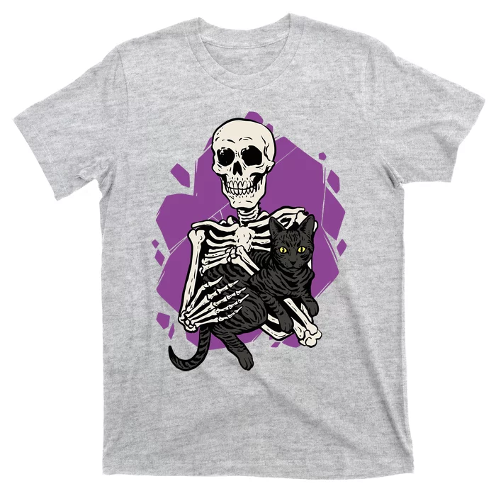 Skeleton Holding A Black Cat Lazy Halloween Costume Skull T-Shirt