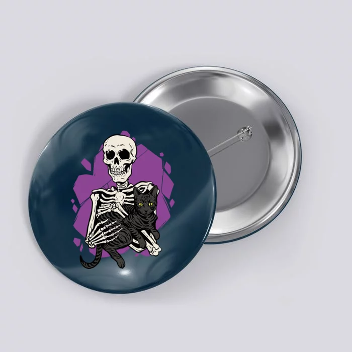 Skeleton Holding A Black Cat Lazy Halloween Costume Skull Button