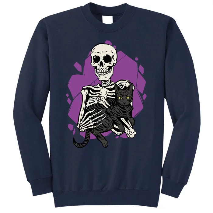 Skeleton Holding A Black Cat Lazy Halloween Costume Skull Tall Sweatshirt