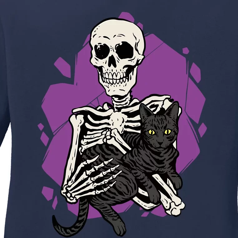 Skeleton Holding A Black Cat Lazy Halloween Costume Skull Ladies Long Sleeve Shirt