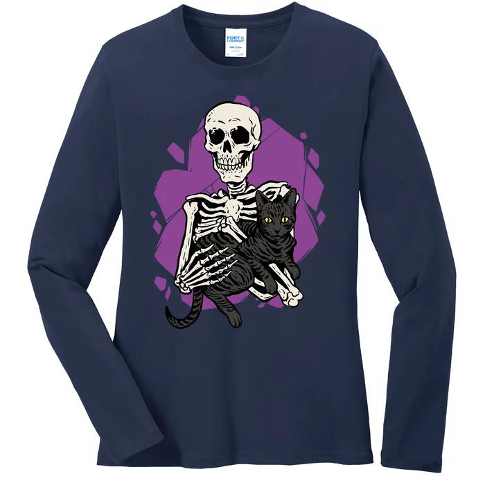 Skeleton Holding A Black Cat Lazy Halloween Costume Skull Ladies Long Sleeve Shirt