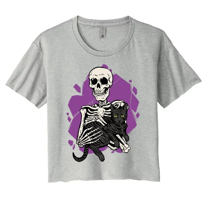 Skeleton Holding A Black Cat Lazy Halloween Costume Skull Women's Crop Top Tee