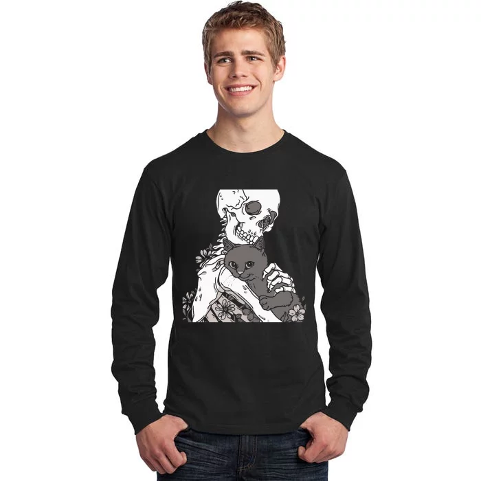 Skeleton Holding A Cat Lazy Halloween Costume Skull Tall Long Sleeve T-Shirt