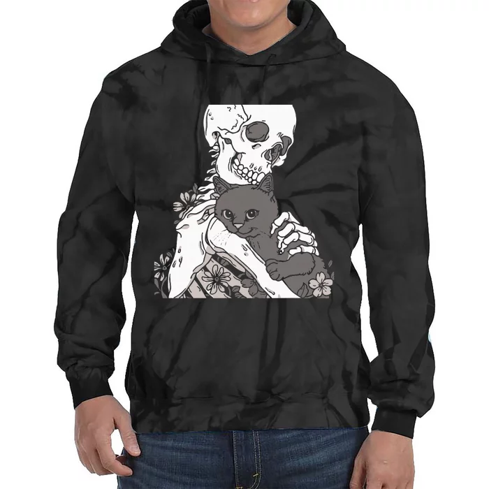 Skeleton Holding A Cat Lazy Halloween Costume Skull Tie Dye Hoodie