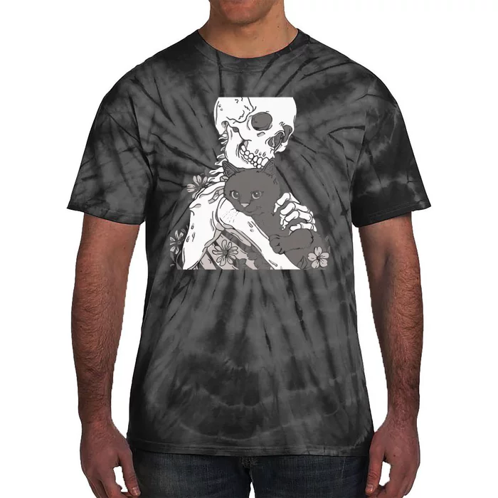 Skeleton Holding A Cat Lazy Halloween Costume Skull Tie-Dye T-Shirt