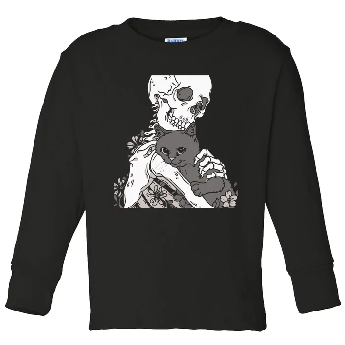 Skeleton Holding A Cat Lazy Halloween Costume Skull Toddler Long Sleeve Shirt