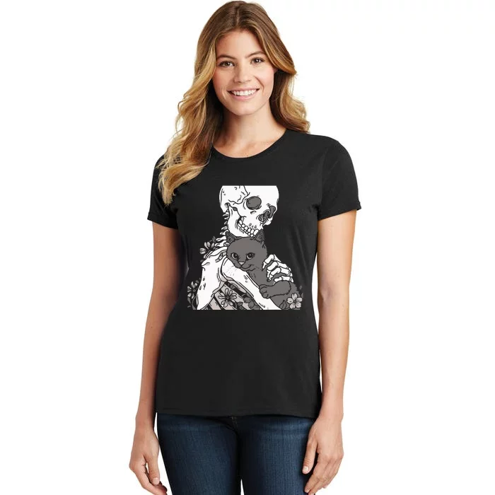 Skeleton Holding A Cat Lazy Halloween Costume Skull Women's T-Shirt