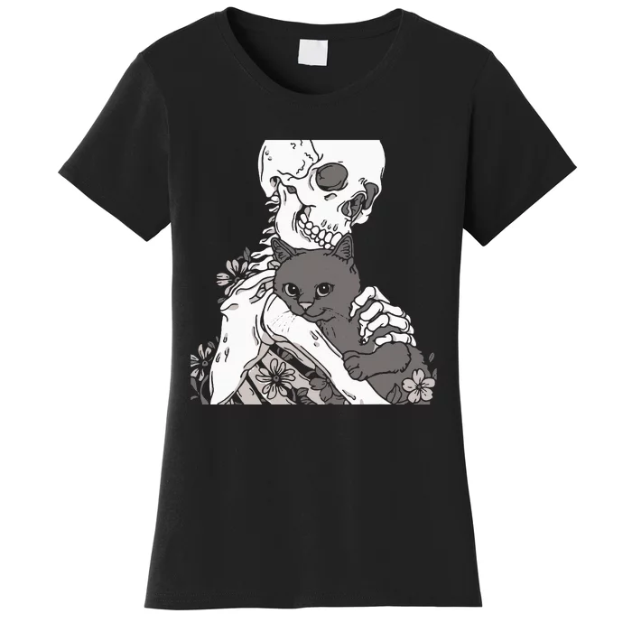 Skeleton Holding A Cat Lazy Halloween Costume Skull Women's T-Shirt