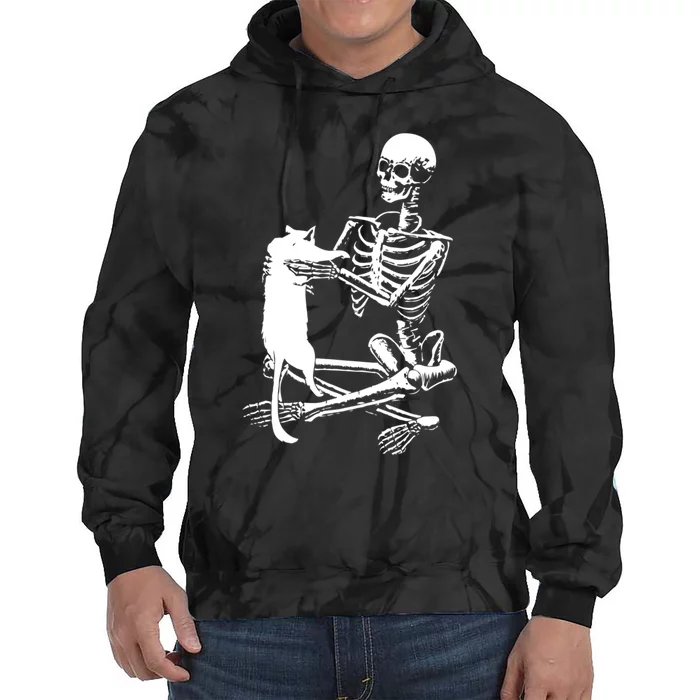 Skeleton Holding A Cat Lazy Halloween Costume Skull Tie Dye Hoodie