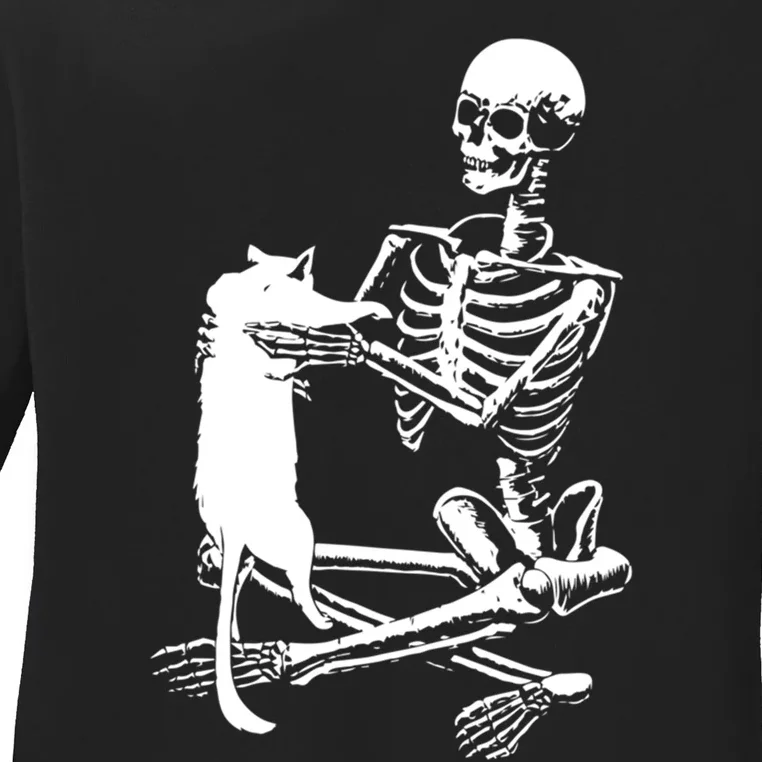 Skeleton Holding A Cat Lazy Halloween Costume Skull Ladies Long Sleeve Shirt