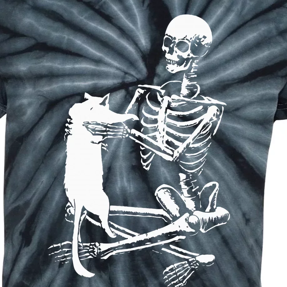 Skeleton Holding A Cat Lazy Halloween Costume Skull Kids Tie-Dye T-Shirt