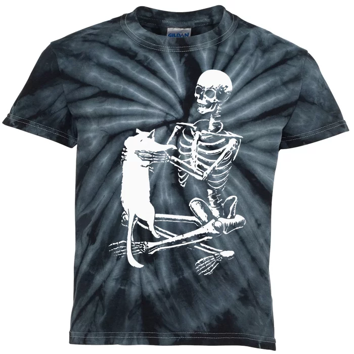 Skeleton Holding A Cat Lazy Halloween Costume Skull Kids Tie-Dye T-Shirt