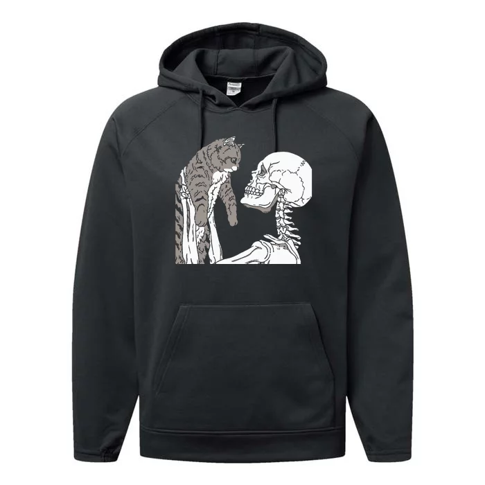 Skeleton Holding A Cat Lazy Halloween Costume Skull Performance Fleece Hoodie