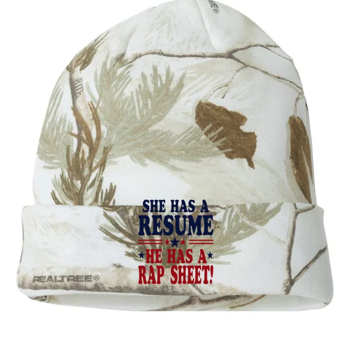 She Has A Resume He Has A Rap Sheet Kamala For President Kati - 12in Camo Beanie