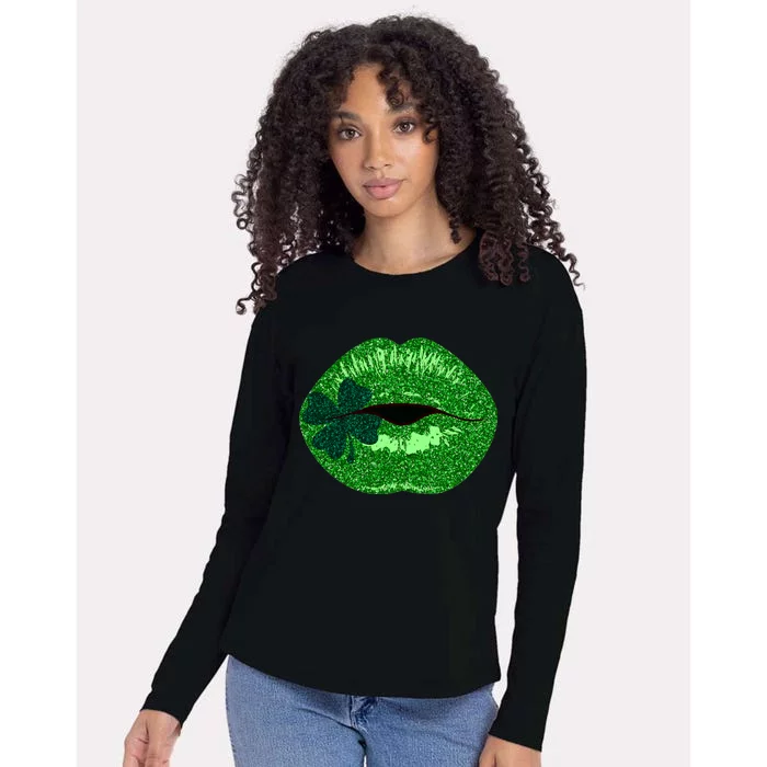 Shamrock Irish Clover Lips Womens Cotton Relaxed Long Sleeve T-Shirt