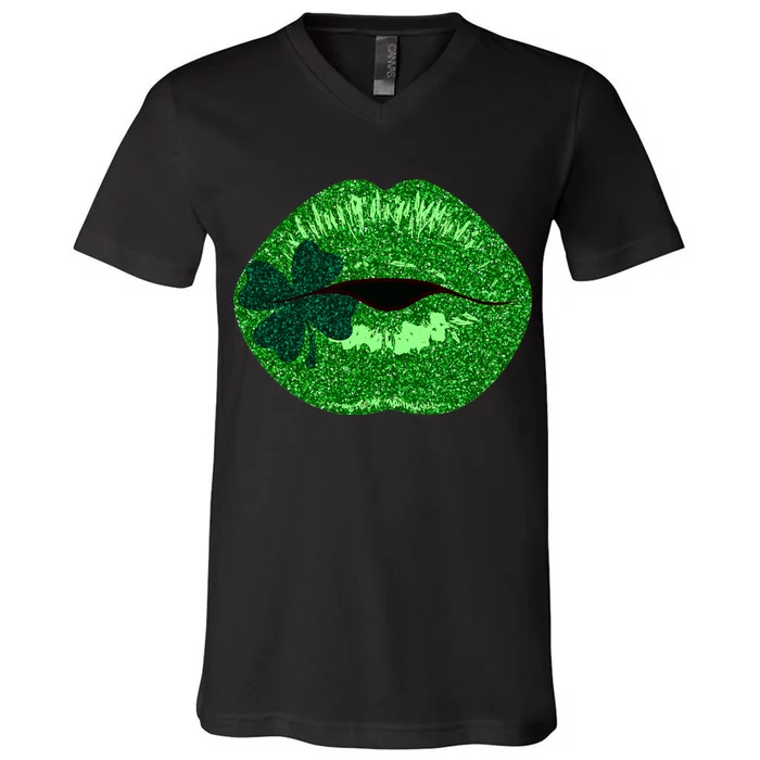 Shamrock Irish Clover Lips V-Neck T-Shirt