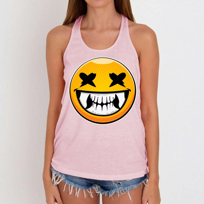 Sharp Toothed Smiley Creepy Emoji Women's Knotted Racerback Tank