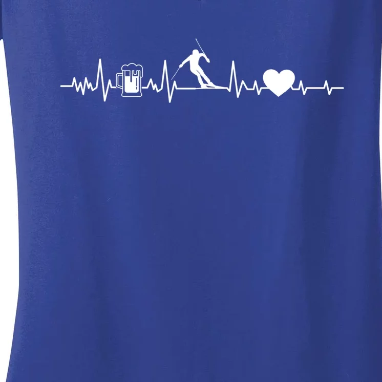 Skiing Heartbeat Beer Skier Skiing Heartbeat Gift Women's V-Neck T-Shirt