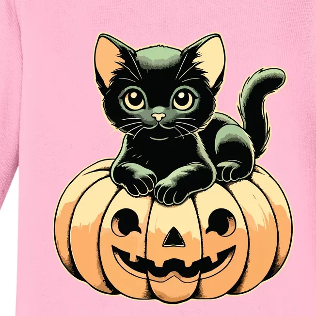 Scary Halloween Black Cats On Pumpkin Fall Spooky Season Baby Long Sleeve Bodysuit