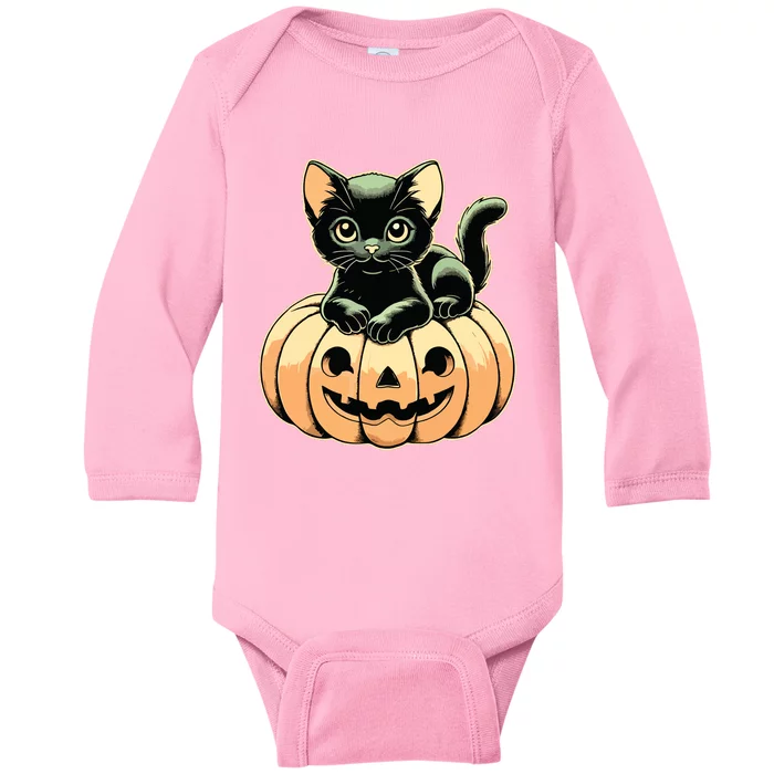 Scary Halloween Black Cats On Pumpkin Fall Spooky Season Baby Long Sleeve Bodysuit