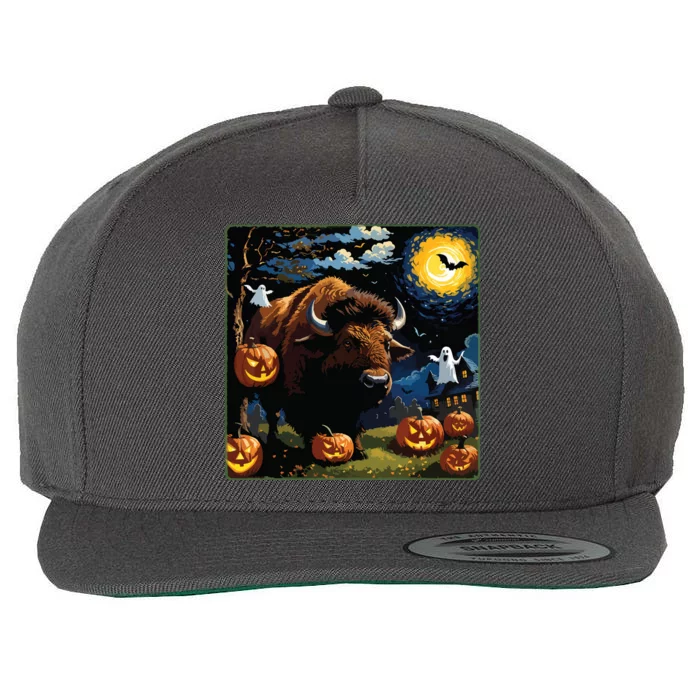 Spooky Halloween Bison Starry Night Wool Snapback Cap