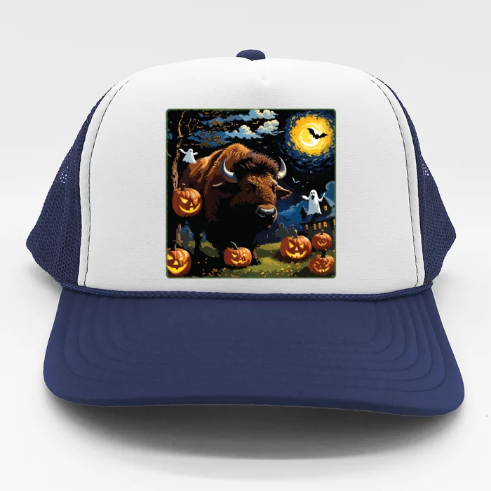 Spooky Halloween Bison Starry Night Trucker Hat