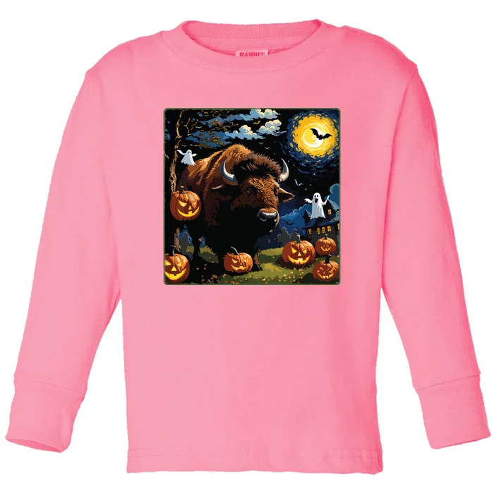 Spooky Halloween Bison Starry Night Toddler Long Sleeve Shirt