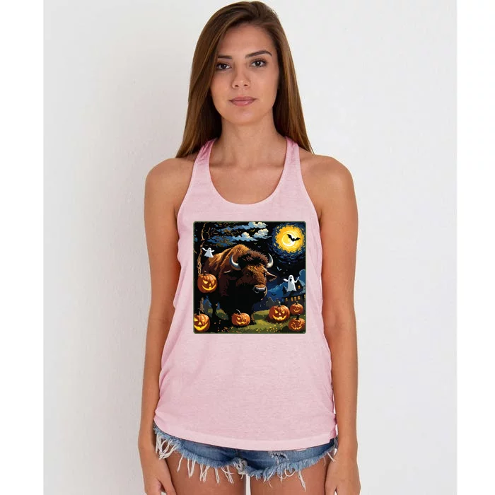 Spooky Halloween Bison Starry Night Women's Knotted Racerback Tank