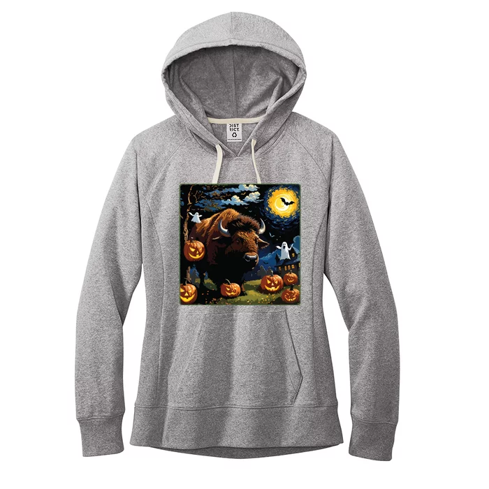 Spooky Halloween Bison Starry Night Women's Fleece Hoodie