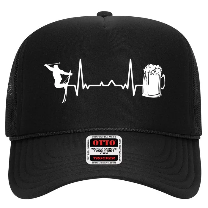 Skiing Heartbeat Beer Skier Skiing Heartbeat Gift For Skier High Crown Mesh Trucker Hat