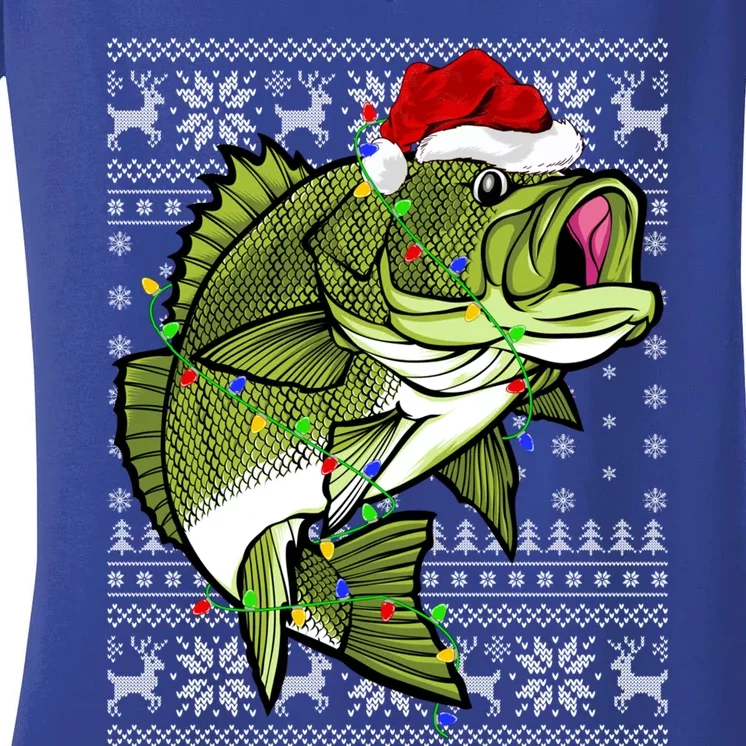 Santa Hat Bass Fish Xmas Lighting Ugly Bass Christmas Gift Women's V-Neck T-Shirt