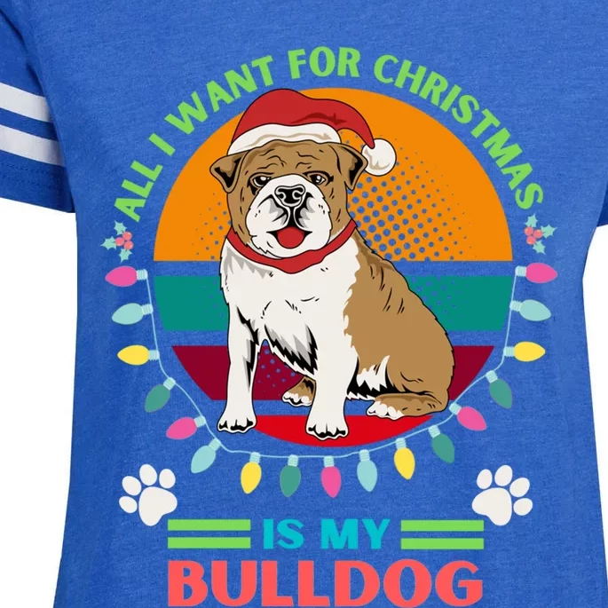 Santa Hat Bulldog All I Want For Christmas Holiday Lights Gift Enza Ladies Jersey Football T-Shirt