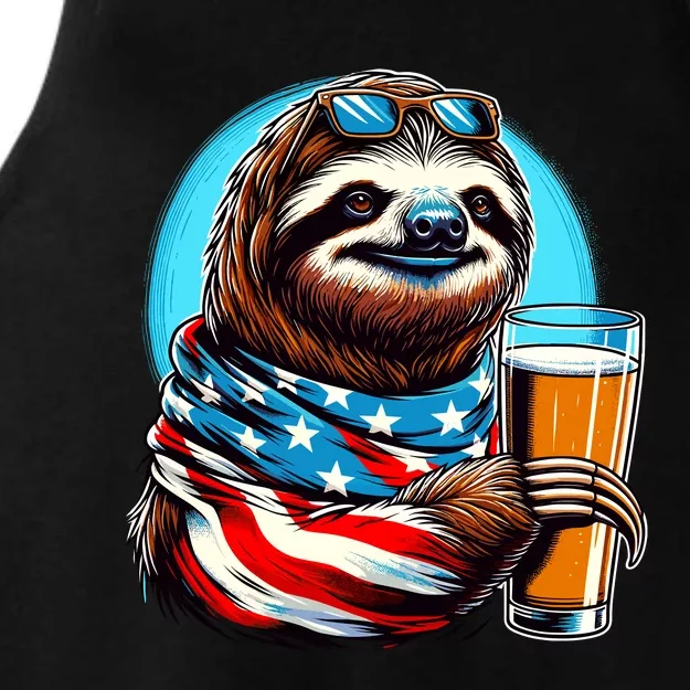 Sloth Holding Beer Usa Flag Ladies Tri-Blend Wicking Tank