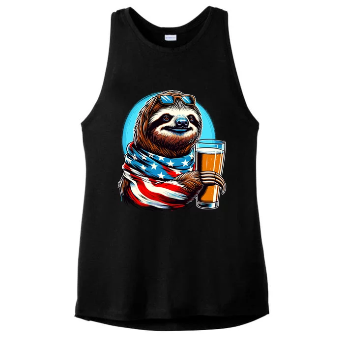 Sloth Holding Beer Usa Flag Ladies Tri-Blend Wicking Tank