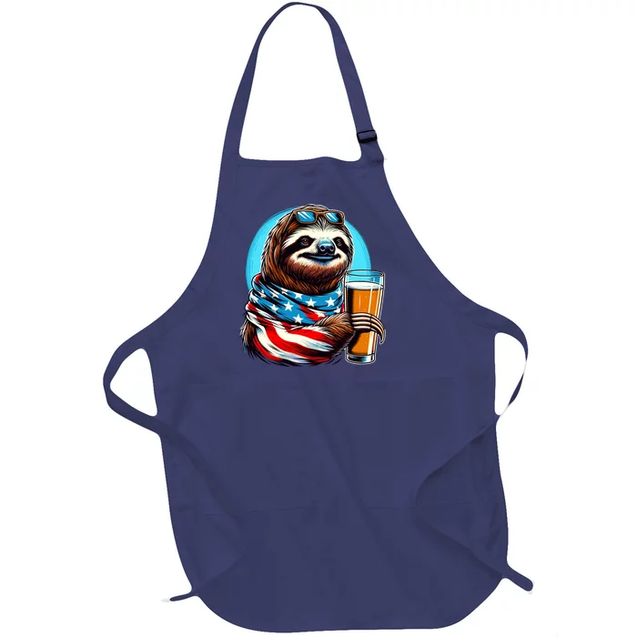 Sloth Holding Beer Usa Flag Full-Length Apron With Pocket