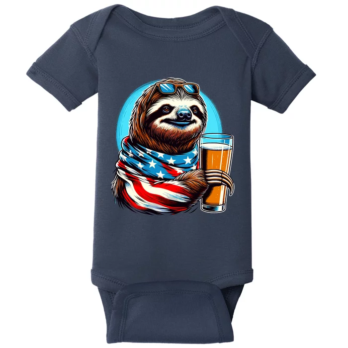 Sloth Holding Beer Usa Flag Baby Bodysuit