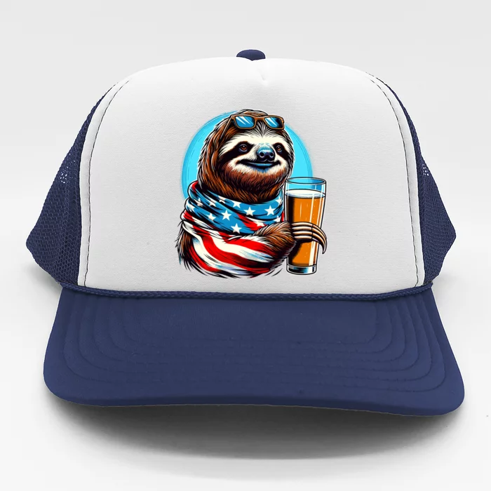 Sloth Holding Beer Usa Flag Trucker Hat