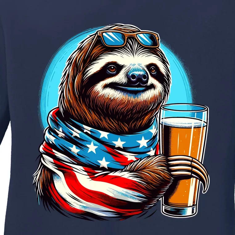 Sloth Holding Beer Usa Flag Ladies Long Sleeve Shirt