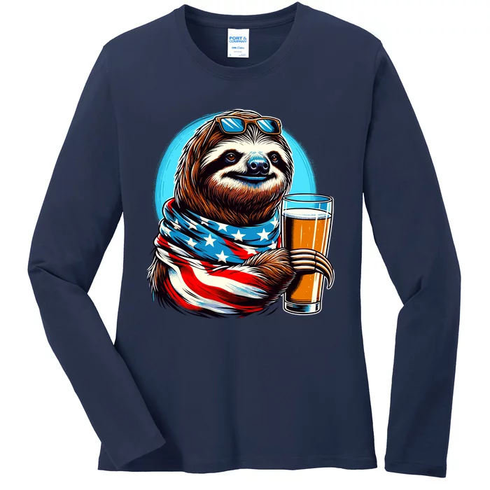 Sloth Holding Beer Usa Flag Ladies Long Sleeve Shirt