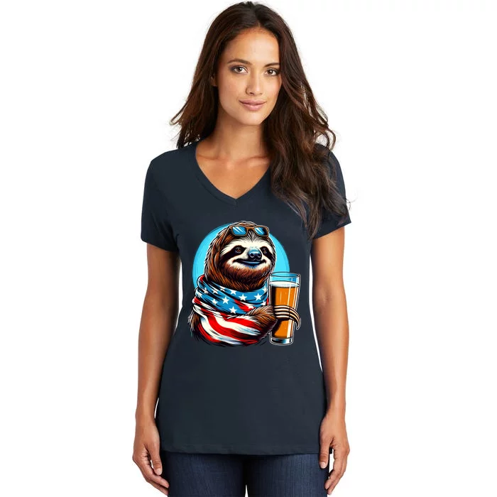 Sloth Holding Beer Usa Flag Women's V-Neck T-Shirt