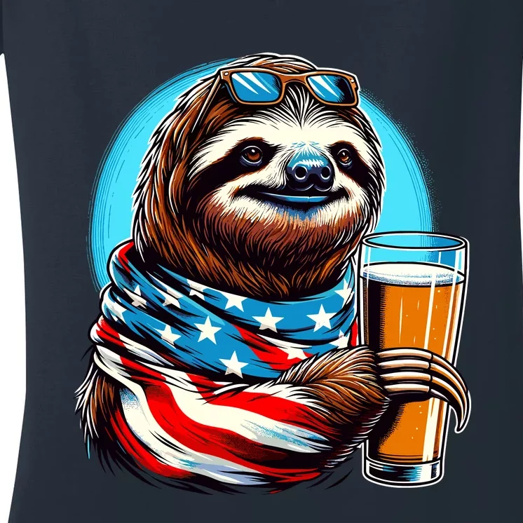 Sloth Holding Beer Usa Flag Women's V-Neck T-Shirt