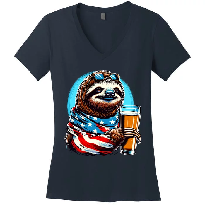 Sloth Holding Beer Usa Flag Women's V-Neck T-Shirt