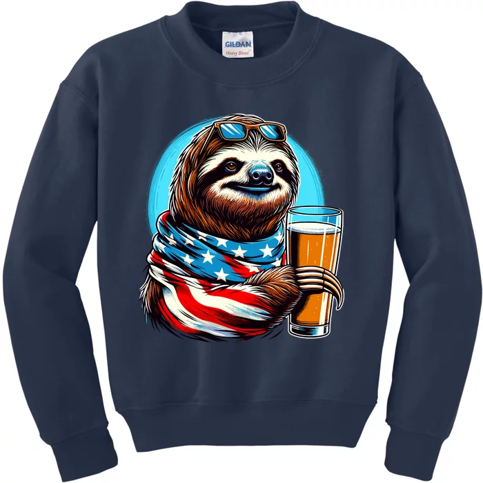 Sloth Holding Beer Usa Flag Kids Sweatshirt