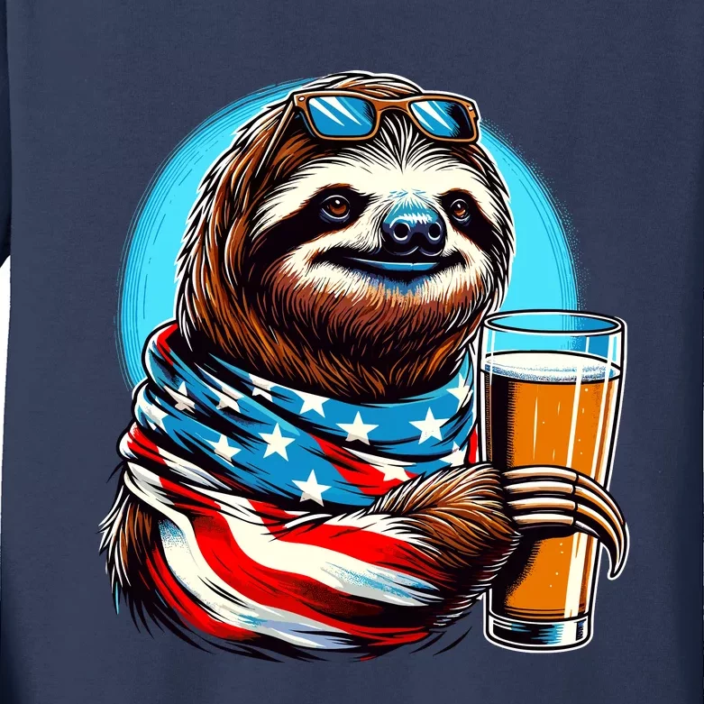 Sloth Holding Beer Usa Flag Kids Long Sleeve Shirt