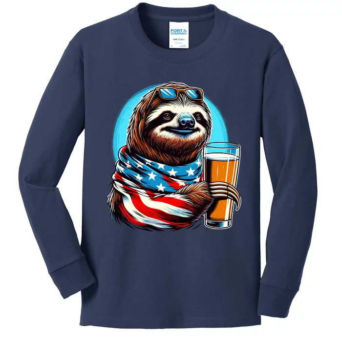 Sloth Holding Beer Usa Flag Kids Long Sleeve Shirt